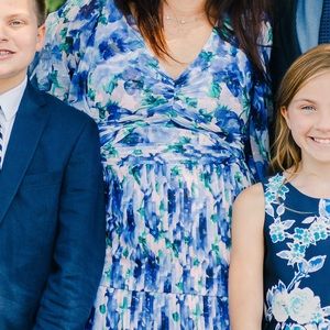 Theia Gemma Long Sleeve Pleated Floral Midi Dress